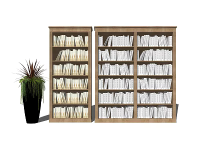 Two Wooden Bookcases Filled With White Books And Green Plant In Black Pot 3d model