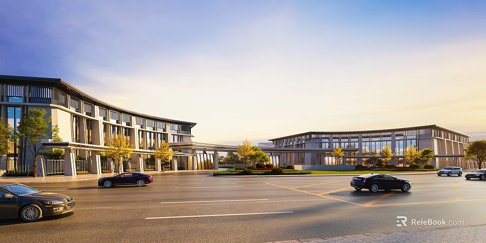 Modern School Building With Glass Facade Spacious Entrance Gardens And Parking Area 3d model 