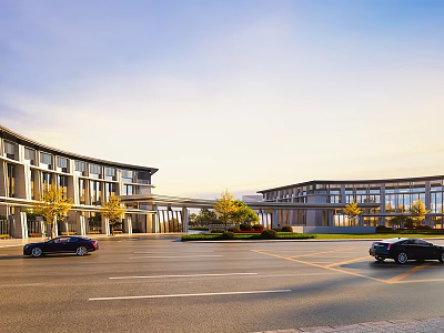 Modern School Building With Glass Facade Spacious Entrance Gardens And Parking Area 3d model