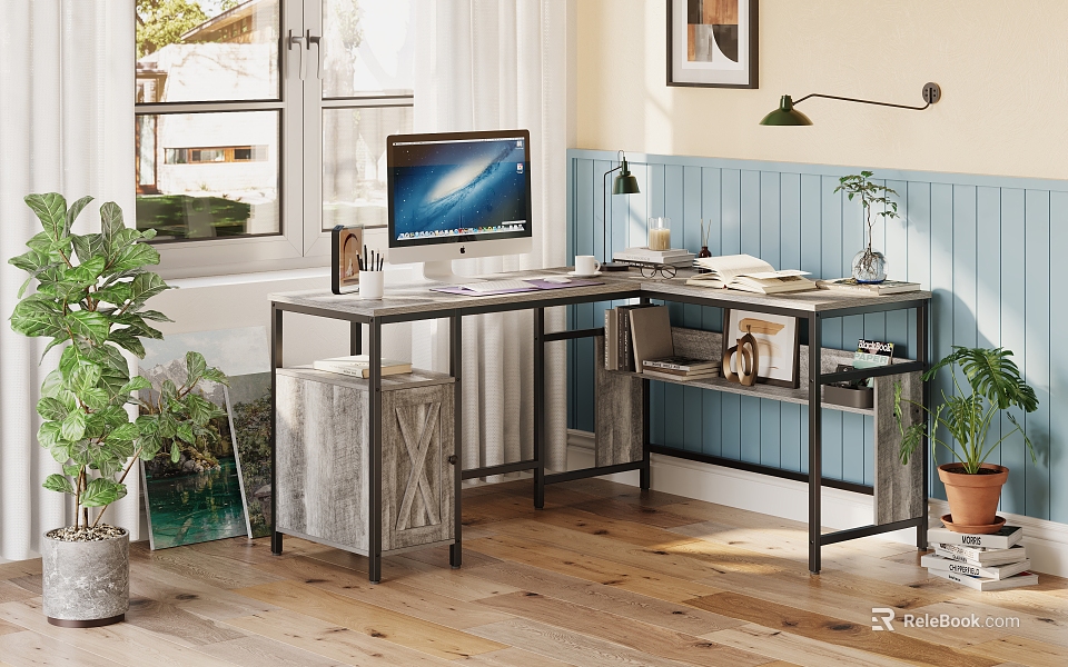 Modern Home Office With Desk Computer Window Wooden Floor Storage And Potted Plant 3d model 