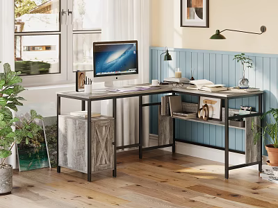 Modern Home Office With Desk Computer Window Wooden Floor Storage And Potted Plant 3d model