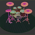 Colorful Musical Drum Set With Red Shells Yellow Cymbals And Metal Stands On Blue Platform