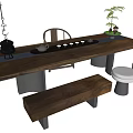 Modern Wooden Tea Table With Matching Chairs Stools And Tea Set Decor 3d model