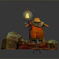 Orange Animated Game Character Holding Lantern With Polygonal Rocks On Colorful Base