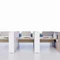 Multiple Modern Office Desks Interior Design with Wooden Tabletops and White Cabinets