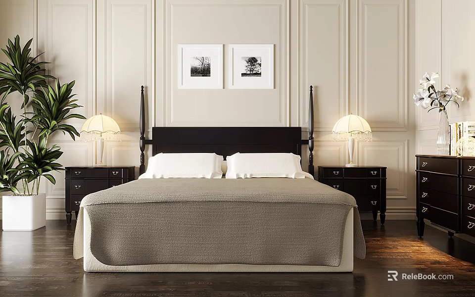 Modern Luxury Double Bed with Gray Bedding Black Nightstands and Green Plants in Bedroom 3d model 