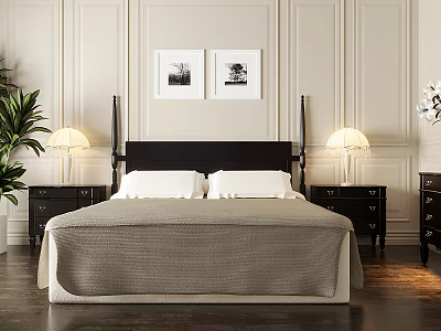Modern Luxury Double Bed with Gray Bedding Black Nightstands and Green Plants in Bedroom 3d model
