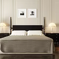 Modern Luxury Double Bed with Gray Bedding Black Nightstands and Green Plants in Bedroom