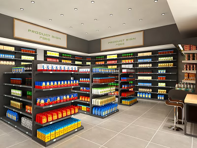 Well Organized Supermarket Interior With Shelves Of Various Grocery Products And Produce Bin Signs 3d model