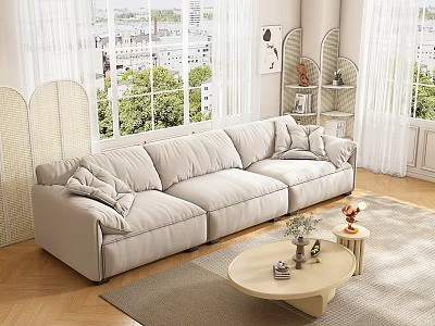 Light Gray Sectional Sofa With Plush Pillows Round Coffee Table City View And Large Windows 3d model