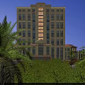 Aerial Planning of Modern Multistory Building with Greenery Palm Trees Road and Parking Area