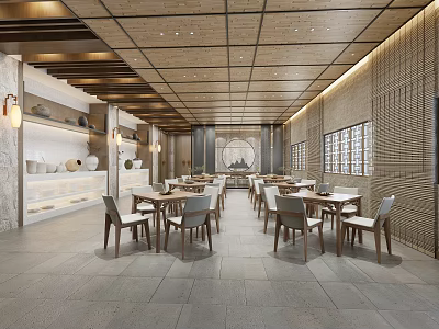 Elegant Traditional Restaurant Interior With Wooden Ceiling Long Dining Tables And Lattice Windows 3d model