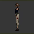 3D Female Character Model Wearing Dark Blue Sleeveless Top Beige Pants Brown Boots Arm Guards