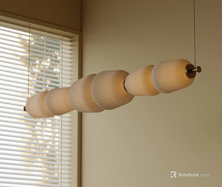 Modern Linear Pendant Light With Multiple Cream Paper Shades In Room With Window Blinds 3d model 