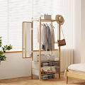 Wooden Practical Storage Shelf With Hanging Clothes Mirror Hat Bag And Storage Baskets 3d model