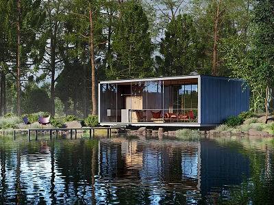 Modern Lakeside Detached Villa with Large Windows Surrounded by Trees and Waterfront Terrace 3d model