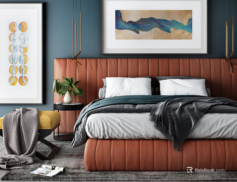 Modern Double Bed with Orange Leather Headboard Deep Blue Wall Art and Gold Sconces 3d model 