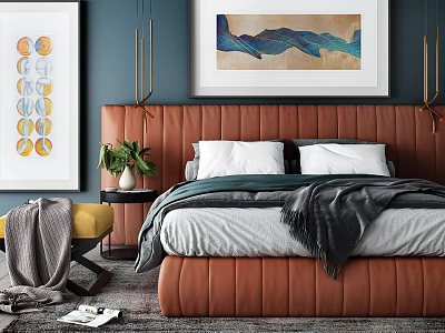 Modern Double Bed with Orange Leather Headboard Deep Blue Wall Art and Gold Sconces 3d model