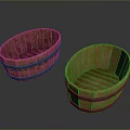Rustic Wooden Buckets With Oval Shape And Black Hoops On Dark Surface