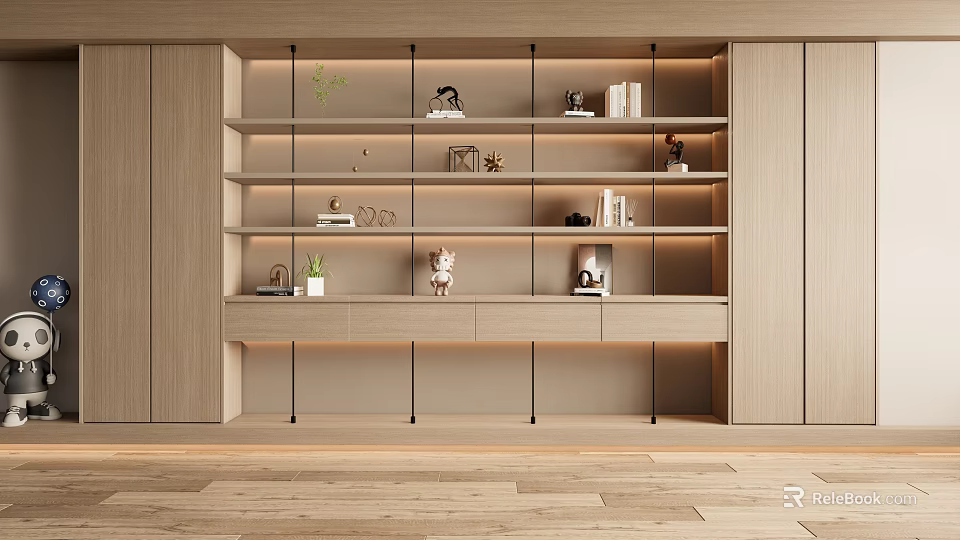 Modern Light Wood Shelving Unit With Layered Shelves Decor Books Plants And Drawers 3d model 