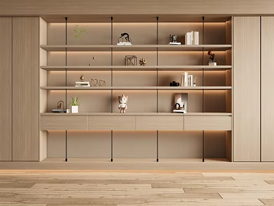 Modern Light Wood Shelving Unit With Layered Shelves Decor Books Plants And Drawers 3d model