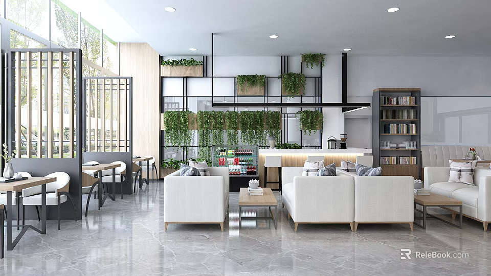 Modern Lounge Area With Cozy White Sofas Coffee Tables Vertical Green Plant Wall And Built in Bookshelves 3d model 