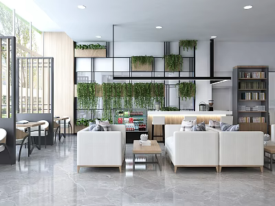 Modern Lounge Area With Cozy White Sofas Coffee Tables Vertical Green Plant Wall And Built in Bookshelves 3d model
