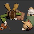 Man in Green Outfit With Helmet Goggles Cane Brown Bag and Corgi With Ice Cream