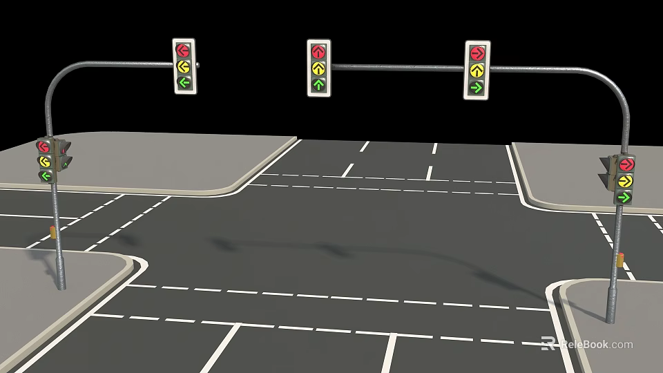 Traffic Lights At Road Intersection With White Markings And Black Background 3d model 