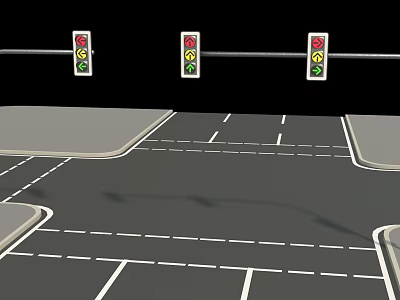 Traffic Lights At Road Intersection With White Markings And Black Background 3d model
