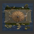 Traditional Pavilion Model Featuring Thatched Roof Wooden Structure Stones Water Purple Center And Mossy Ground