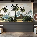Bed Background Wall Dark Panel Mural With Palm Trees Green Plants And Building 3d model