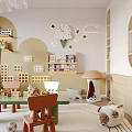 Vibrant Kids Room Interior Design With Giraffe Toy Colorful Chairs Table Cloud Decorations And Bookshelves