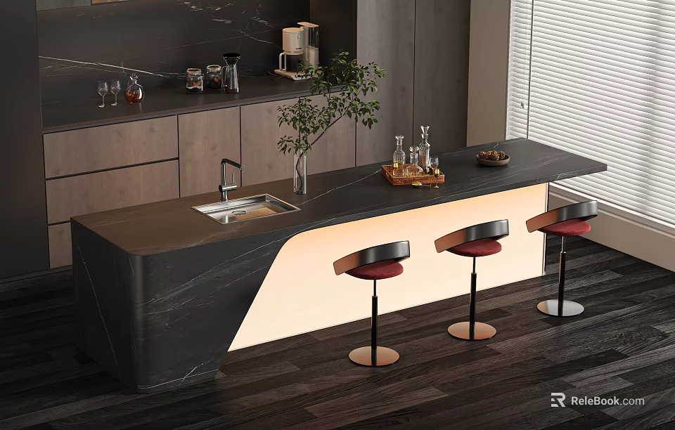 Modern Bar Counter With Black Countertop LED Lighting Red Stools Cabinets Coffee Machine Green Plant 3d model 