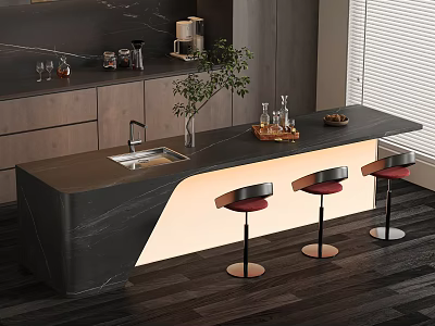 Modern Bar Counter With Black Countertop LED Lighting Red Stools Cabinets Coffee Machine Green Plant 3d model