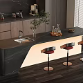 Modern Bar Counter With Black Countertop LED Lighting Red Stools Cabinets Coffee Machine Green Plant