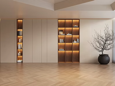 Modern Built in Bookshelf Design With Lighting And Decorative Vase In Herringbone Wooden Floor Interior 3d model