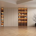 Modern Built in Bookshelf Design With Lighting And Decorative Vase In Herringbone Wooden Floor Interior
