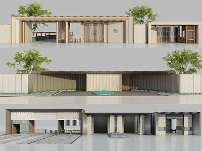 Modern Entrance Gate Exterior Architecture With Wooden Structure And Courtyard Trees And Water Feature 3d model