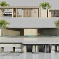 Modern Entrance Gate Exterior Architecture With Wooden Structure And Courtyard Trees And Water Feature