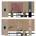 Traditional Tea Room Interior With Wooden Tea Table And Decorative Screen