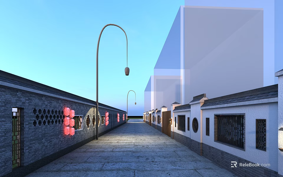 Road Facilities Featuring Arc Street Lamps Stone Pavement Red Decorations And Buildings On Both Sides 3d model 