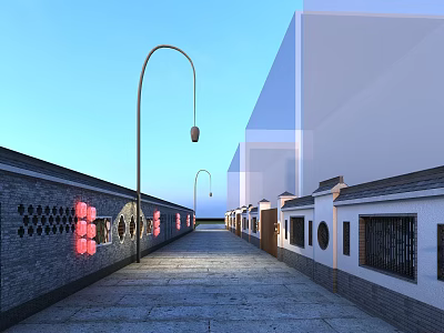 Road Facilities Featuring Arc Street Lamps Stone Pavement Red Decorations And Buildings On Both Sides 3d model
