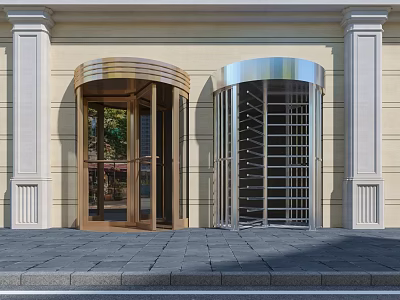 Elegant Building Entrance With Golden And Silver Revolving Doors And Stone Columns 3d model