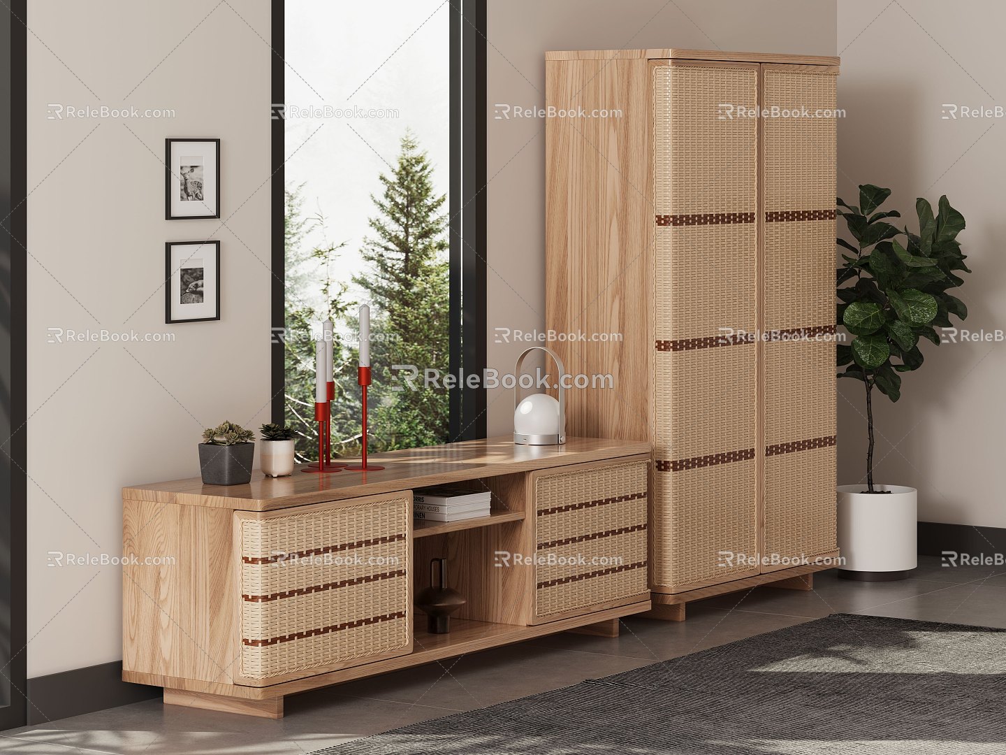 Rattan TV Cabinet High Cabinet Combination Living Room Storage Cabinet Log TV Cabinet Storage Cabinet 3d model