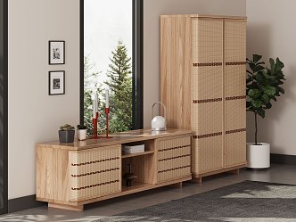 Rattan TV Cabinet High Cabinet Combination Living Room Storage Cabinet Log TV Cabinet Storage Cabinet 3d model