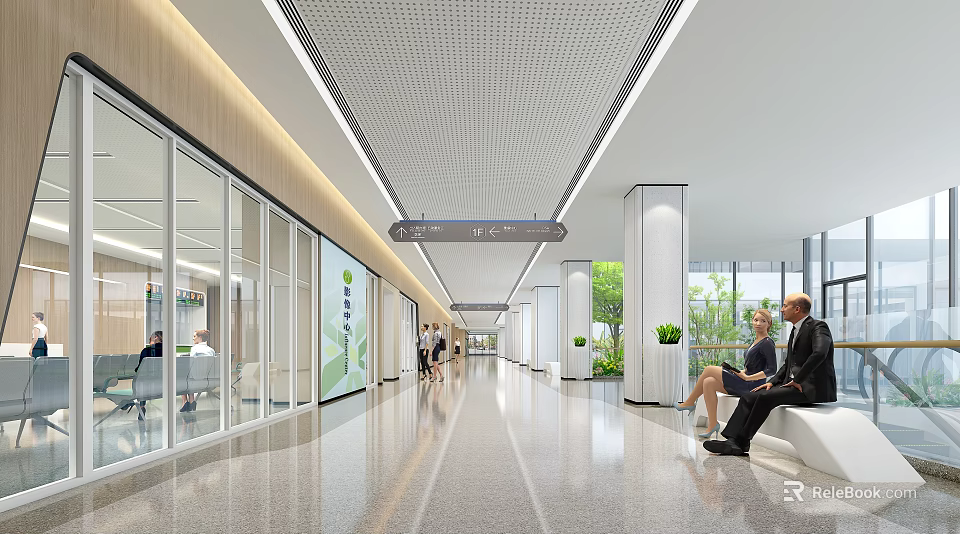 Spacious Modern Hospital Outpatient Corridor With Glass Doors Seats Green Plants And People Walking 3d model 