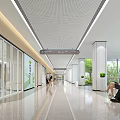 Spacious Modern Hospital Outpatient Corridor With Glass Doors Seats Green Plants And People Walking