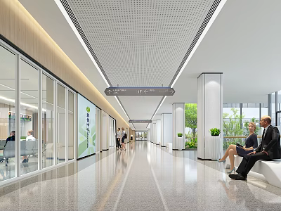 Spacious Modern Hospital Outpatient Corridor With Glass Doors Seats Green Plants And People Walking 3d model