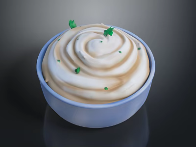 Creamy Sauce With Swirled Pattern And Green Herbs In Light Blue Bowl On Dark Background 3d model
